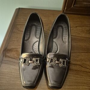 Women's Brown Patent Loafers with Decorative Buckle